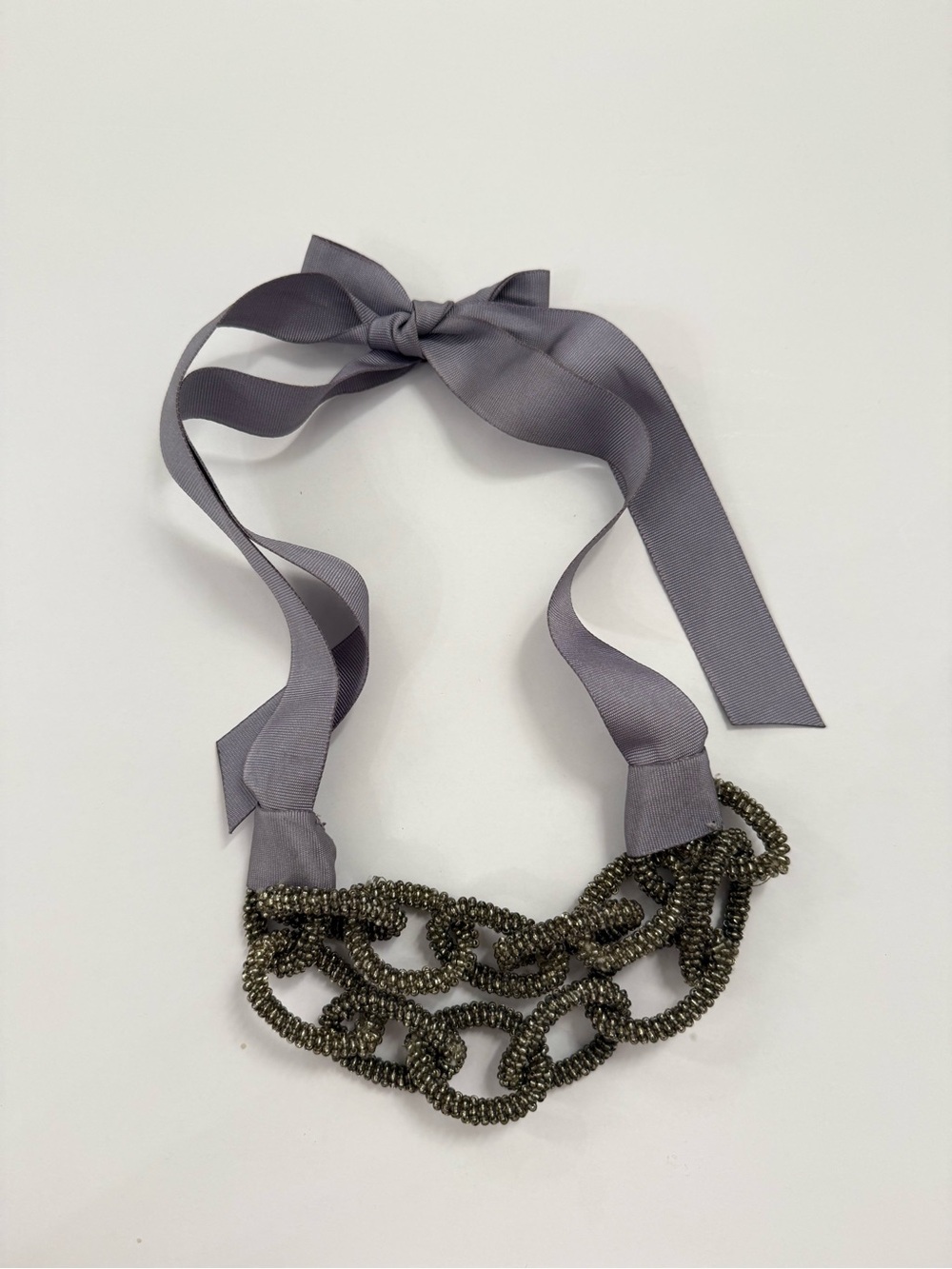 Vintage Grayish Lilac Colored Ribbon & Beaded Link Statement Necklac